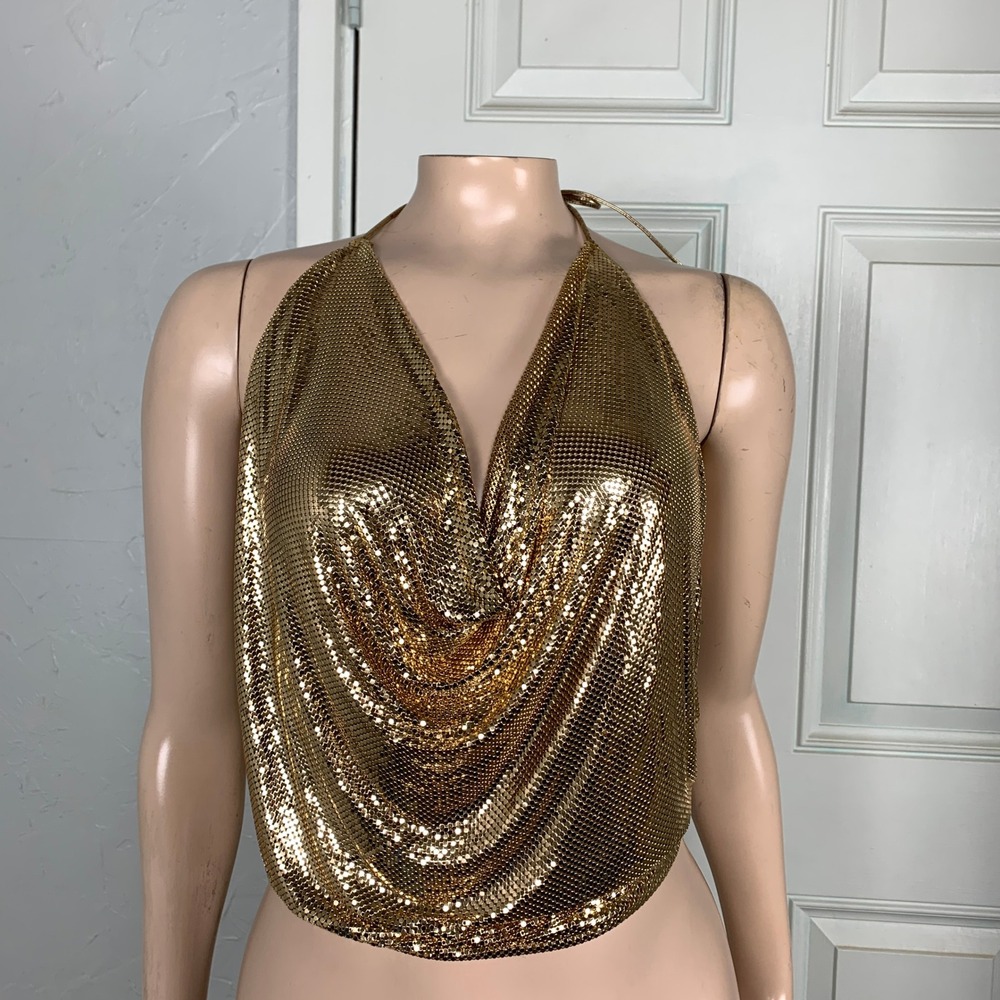Vintage 80s Whiting & Davis Shirt Gold Chain Halter Top Tie Metallic RARE XX22